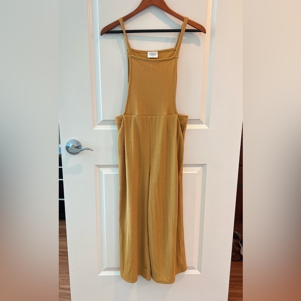 Sienna Sky Jumpsuit Overalls Ribbed Wide Leg Cropped Mustard